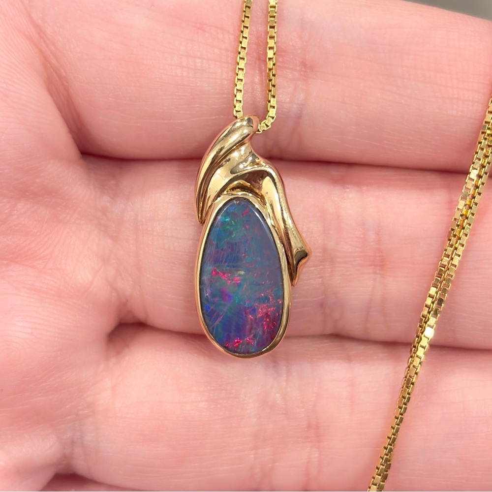 14K Australian Opal Pendant, Vintage Doublet, Crystal Dark Natural, Colorful IOG - Picture 3 of 14